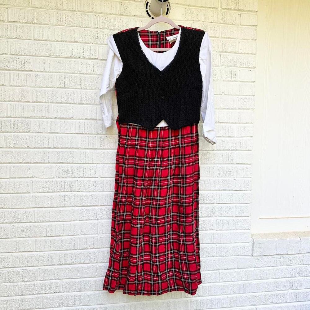 Vintage 90s Sarah Richards Red Plaid Vested Maxi Dress